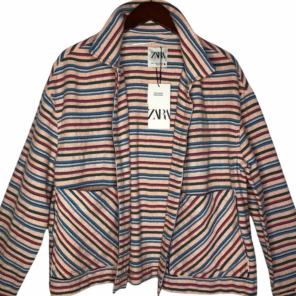 ZARA NWT “Leslie” Striped Shirt Jacket Size Medium in Bright Pink Multi - Picture 15 of 15